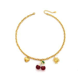 A Beautiful Summer: Exquisite, Stylish and Versatile Stainless Steel Necklace with Cherry, Sun and Heart Pendants