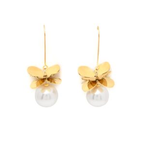 High-end Gold-tone Floral Pearl Pendant Stainless Steel Earrings