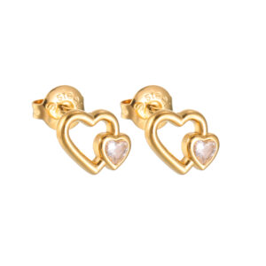 Simple Diamond-Embedded Heart Stud Earrings, Gold, Heart-to-Heart Design