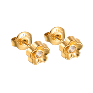 Simple Diamond-Embedded Flower Stud Earrings, Gold, Single-Diamond Style