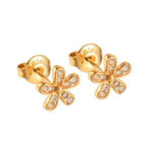 Simple Diamond-Embedded Flower Stud Earrings, Gold, Multi-Diamond Style