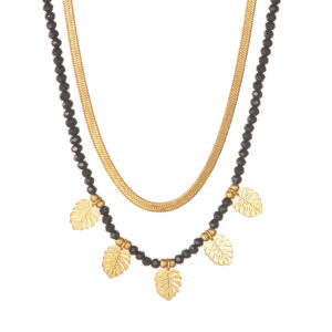 Double-Layer Layered Beaded Necklace, Leaf Design