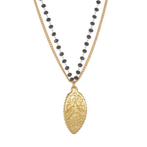 Double-Layer Layered Beaded Necklace with Large Pendant, Leaf Design