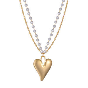 Double-Layer Layered Pearl Necklace, Heart Design