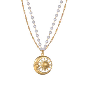 Double-Layer Layered Pearl Necklace, Sun Design