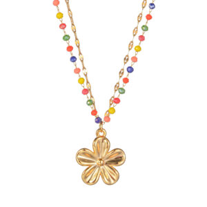 Double-Layer Layered Colorful Beaded Necklace, Flower Design