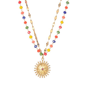 Double-Layer Layered Colorful Beaded Necklace, Sun Design
