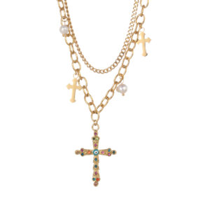 Double-Layer Layered Cross Pearl Necklace, Gold-colored