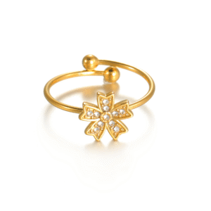 Simple Diamond-Embedded Flower Ring, Concave-Edged Five-Petal Flower