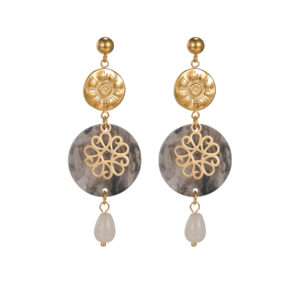 Flower Disc Water Drop Pendant Earrings, Black + White