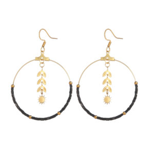 Rice Bead Wheat Ear Circle Earrings, Black