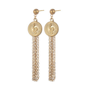 Round Disk Chain Tassel Earrings, Snake Design