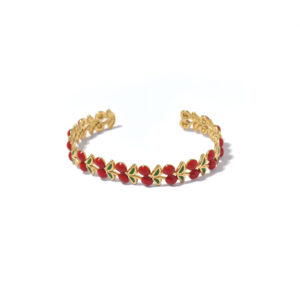 Vintage Gold - Toned Red Bead & Green Leaf Cuff Bracelet