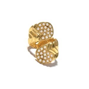 Vintage - Glam Gold - Tone Double - Heart Pearl - Embellished Ring