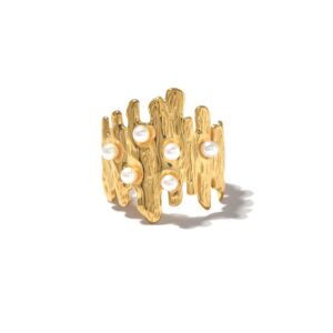 Artistic - Modern Gold - Tone Irregular - Textured Pearl - Embellished Ring